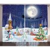 Ambesonne Christmas Curtains, Winter Season Snowman Xmas Tree Santa Sleigh Moon Present Boxes Snow and Stars, Living Room Bedroom Window Drapes 2 Panel Set, 108″ X 90″, Off White Blue