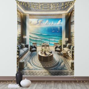 Ambesonne Classic Tapestry, Extravagant Hall with Oceanic and Neutral Color Details Room View Print, Wall Hanging for Bedroom Living Room Dorm Decor, 40″ X 60″, Coconut and Sea Blue(Coconut Blue and Turquoise)