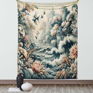 Ambesonne Classic Tapestry, Extravagant Hall with Oceanic and Neutral Color Details Room View Print, Wall Hanging for Bedroom Living Room Dorm Decor, 40″ X 60″, Coconut and Sea Blue(Blush Dark Slate Blue)