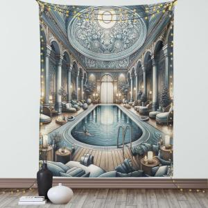 Ambesonne Classic Tapestry, Extravagant Hall with Oceanic and Neutral Color Details Room View Print, Wall Hanging for Bedroom Living Room Dorm Decor, 40″ X 60″, Coconut and Sea Blue(Pale Taupe Blue Grey)