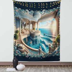Ambesonne Classic Tapestry, Extravagant Hall with Oceanic and Neutral Color Details Room View Print, Wall Hanging for Bedroom Living Room Dorm Decor, 40″ X 60″, Coconut and Sea Blue(Dark Turquoise and Ecru)