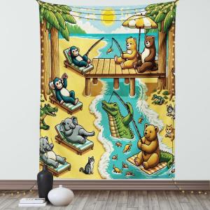 Ambesonne Classic Tapestry, Extravagant Hall with Oceanic and Neutral Color Details Room View Print, Wall Hanging for Bedroom Living Room Dorm Decor, 40″ X 60″, Coconut and Sea Blue(Yellow Aqua Green)