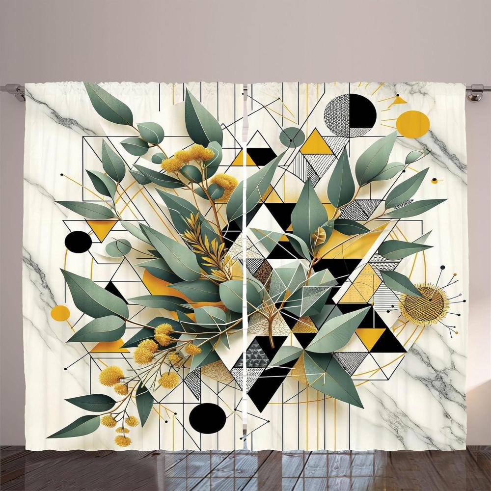 imageAmbesonne Eucalyptus Leaves Curtains Leafy Branches Summer Flowers on Neutral Marble Print Back Living Room Bedroom Window Drapes 2 Panel Set 108quot X 63quot Fern Green Pastel YellowGreen Black Mustard