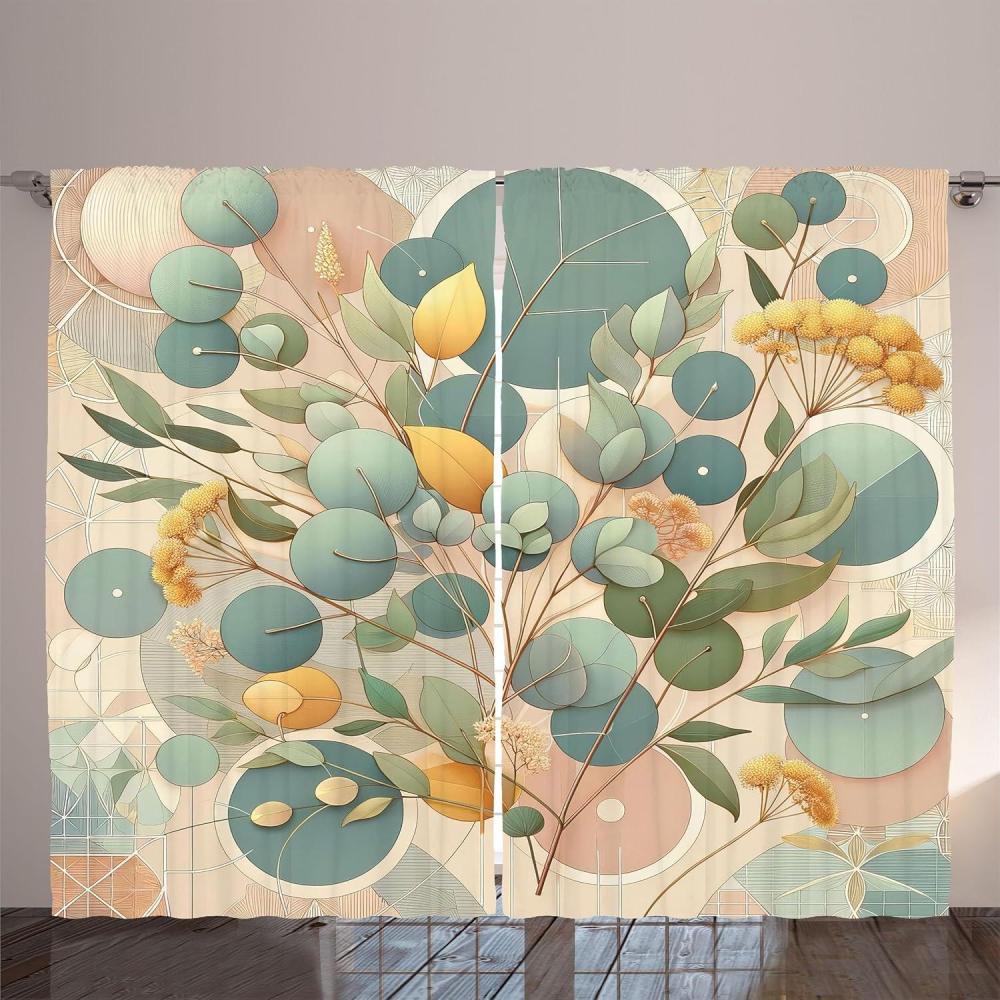 imageAmbesonne Eucalyptus Leaves Curtains Leafy Branches Summer Flowers on Neutral Marble Print Back Living Room Bedroom Window Drapes 2 Panel Set 108quot X 63quot Fern Green Pastel YellowPeach Green and Pale Orange