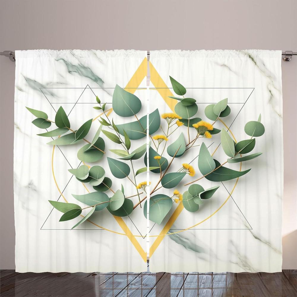 imageAmbesonne Eucalyptus Leaves Curtains Leafy Branches Summer Flowers on Neutral Marble Print Back Living Room Bedroom Window Drapes 2 Panel Set 108quot X 63quot Fern Green Pastel YellowPeacock Green Mustard