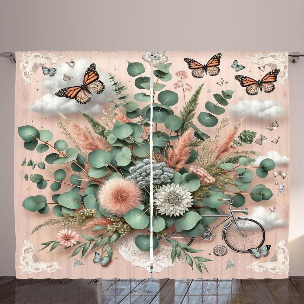 imageAmbesonne Eucalyptus Leaves Curtains Leafy Branches Summer Flowers on Neutral Marble Print Back Living Room Bedroom Window Drapes 2 Panel Set 108quot X 63quot Fern Green Pastel YellowPale Rose Laurel Green