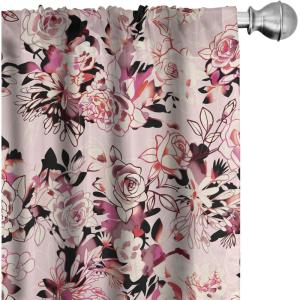 Ambesonne Blooming Roses Curtains, Sketch Drawn Neutral Colors Dreamy Garden Flowers with Delicate Petals, Window Treatments 2 Panel Set for Living Room Bedroom, Pair of – 28″ x 95″, Indigo Pale Ruby(Pale Pink and Dark Coral)