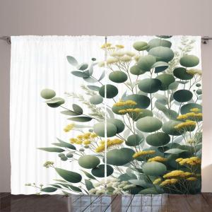 Ambesonne Eucalyptus Leaves Curtains, Leafy Branches Summer Flowers on Neutral Marble Print Back, Living Room Bedroom Window Drapes 2 Panel Set, 108″ X 63″, Fern Green Pastel Yellow(Mustard and Peacock Green)
