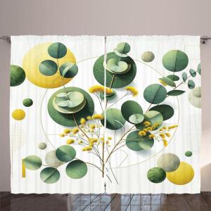 Ambesonne Eucalyptus Leaves Curtains, Leafy Branches Summer Flowers on Neutral Marble Print Back, Living Room Bedroom Window Drapes 2 Panel Set, 108″ X 63″, Fern Green Pastel Yellow(Fern Green Yellow and White)