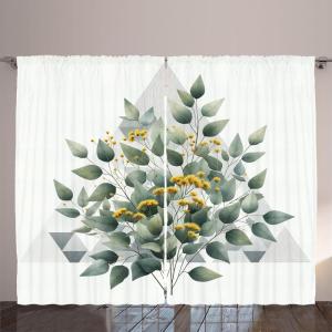 Ambesonne Eucalyptus Leaves Curtains, Leafy Branches Summer Flowers on Neutral Marble Print Back, Living Room Bedroom Window Drapes 2 Panel Set, 108″ X 63″, Fern Green Pastel Yellow(Laurel Green White)