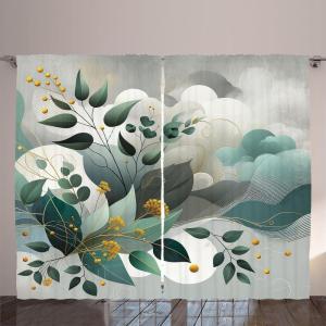 Ambesonne Eucalyptus Leaves Curtains, Leafy Branches Summer Flowers on Neutral Marble Print Back, Living Room Bedroom Window Drapes 2 Panel Set, 108″ X 63″, Fern Green Pastel Yellow(Dark Sea Green Grey Teal)