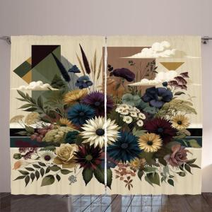 Ambesonne Eucalyptus Leaves Curtains, Leafy Branches Summer Flowers on Neutral Marble Print Back, Living Room Bedroom Window Drapes 2 Panel Set, 108″ X 63″, Fern Green Pastel Yellow(Eggshell Maroon Green)