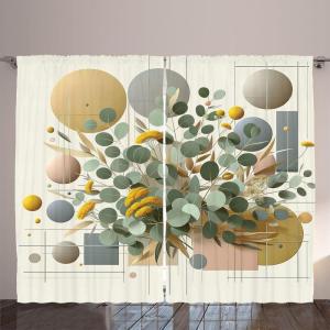 Ambesonne Eucalyptus Leaves Curtains, Leafy Branches Summer Flowers on Neutral Marble Print Back, Living Room Bedroom Window Drapes 2 Panel Set, 108″ X 63″, Fern Green Pastel Yellow(Green Multicolor)