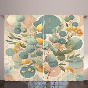 Ambesonne Eucalyptus Leaves Curtains, Leafy Branches Summer Flowers on Neutral Marble Print Back, Living Room Bedroom Window Drapes 2 Panel Set, 108″ X 63″, Fern Green Pastel Yellow(Peach Green and Pale Orange)