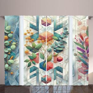 Ambesonne Eucalyptus Leaves Curtains, Leafy Branches Summer Flowers on Neutral Marble Print Back, Living Room Bedroom Window Drapes 2 Panel Set, 108″ X 63″, Fern Green Pastel Yellow(Teal Multicolor)