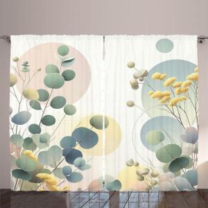 Ambesonne Eucalyptus Leaves Curtains, Leafy Branches Summer Flowers on Neutral Marble Print Back, Living Room Bedroom Window Drapes 2 Panel Set, 108″ X 63″, Fern Green Pastel Yellow(Laurel Green Blue Cream)
