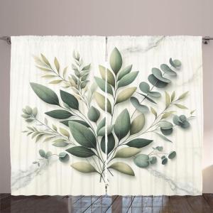 Ambesonne Eucalyptus Leaves Curtains, Leafy Branches Summer Flowers on Neutral Marble Print Back, Living Room Bedroom Window Drapes 2 Panel Set, 108″ X 63″, Fern Green Pastel Yellow(Sage Green Off White)