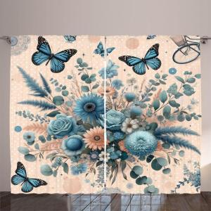 Ambesonne Eucalyptus Leaves Curtains, Leafy Branches Summer Flowers on Neutral Marble Print Back, Living Room Bedroom Window Drapes 2 Panel Set, 108″ X 63″, Fern Green Pastel Yellow(Blush and Sea Blue)