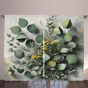 Ambesonne Eucalyptus Leaves Curtains, Leafy Branches Summer Flowers on Neutral Marble Print Back, Living Room Bedroom Window Drapes 2 Panel Set, 108″ X 63″, Fern Green Pastel Yellow(Mustard and Reseda Green)