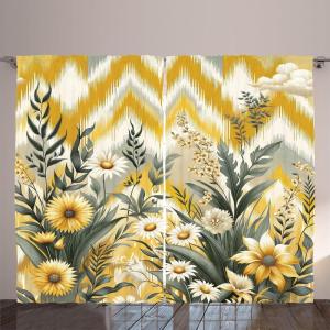Ambesonne Eucalyptus Leaves Curtains, Leafy Branches Summer Flowers on Neutral Marble Print Back, Living Room Bedroom Window Drapes 2 Panel Set, 108″ X 63″, Fern Green Pastel Yellow(Mustard and Laurel Green)