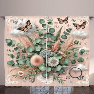 Ambesonne Eucalyptus Leaves Curtains, Leafy Branches Summer Flowers on Neutral Marble Print Back, Living Room Bedroom Window Drapes 2 Panel Set, 108″ X 63″, Fern Green Pastel Yellow(Pale Rose Laurel Green)