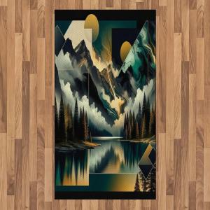 Ambesonne Lake Area Rug, Mountains Calm Nature Scenery Botanical Neutral Ornaments Illustration, Flat Woven Accent Rug for Living Room Bedroom Dining Room, 4′ X 5′ 7″, Pale Teal Tan and Brown(Teal Earth Yellow Grey)