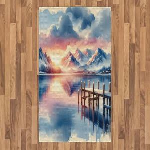 Ambesonne Lake Area Rug, Mountains Calm Nature Scenery Botanical Neutral Ornaments Illustration, Flat Woven Accent Rug for Living Room Bedroom Dining Room, 4′ X 5′ 7″, Pale Teal Tan and Brown(Peach Blush Ceil Blue)