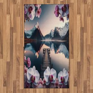 Ambesonne Lake Area Rug, Mountains Calm Nature Scenery Botanical Neutral Ornaments Illustration, Flat Woven Accent Rug for Living Room Bedroom Dining Room, 4′ X 5′ 7″, Pale Teal Tan and Brown(Pale Purple Petrol Blue)