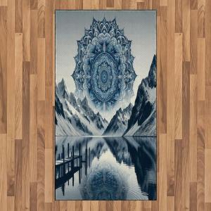 Ambesonne Lake Area Rug, Mountains Calm Nature Scenery Botanical Neutral Ornaments Illustration, Flat Woven Accent Rug for Living Room Bedroom Dining Room, 4′ X 5′ 7″, Pale Teal Tan and Brown(Night Blue)