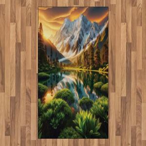 Ambesonne Lake Area Rug, Mountains Calm Nature Scenery Botanical Neutral Ornaments Illustration, Flat Woven Accent Rug for Living Room Bedroom Dining Room, 4′ X 5′ 7″, Pale Teal Tan and Brown(Peach Green and Fawn)