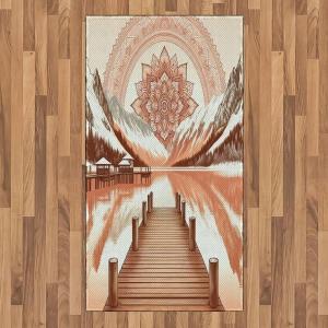 Ambesonne Lake Area Rug, Mountains Calm Nature Scenery Botanical Neutral Ornaments Illustration, Flat Woven Accent Rug for Living Room Bedroom Dining Room, 4′ X 5′ 7″, Pale Teal Tan and Brown(Salmon Redwood and Dark Rust)