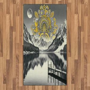 Ambesonne Lake Area Rug, Mountains Calm Nature Scenery Botanical Neutral Ornaments Illustration, Flat Woven Accent Rug for Living Room Bedroom Dining Room, 4′ X 5′ 7″, Pale Teal Tan and Brown(Yellow and Grey)