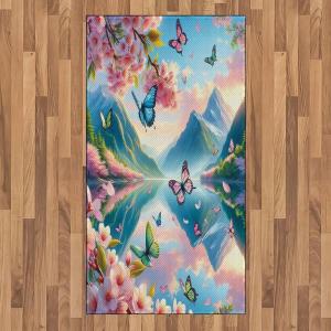 Ambesonne Lake Area Rug, Mountains Calm Nature Scenery Botanical Neutral Ornaments Illustration, Flat Woven Accent Rug for Living Room Bedroom Dining Room, 4′ X 5′ 7″, Pale Teal Tan and Brown(Pink Sky Blue Green)