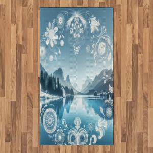Ambesonne Lake Area Rug, Mountains Calm Nature Scenery Botanical Neutral Ornaments Illustration, Flat Woven Accent Rug for Living Room Bedroom Dining Room, 4′ X 5′ 7″, Pale Teal Tan and Brown(Slate Blue Sky Blue)