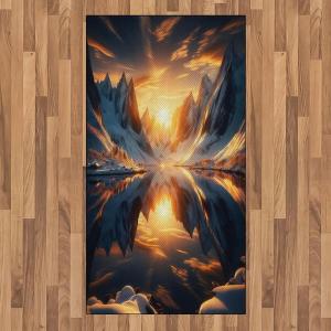 Ambesonne Lake Area Rug, Mountains Calm Nature Scenery Botanical Neutral Ornaments Illustration, Flat Woven Accent Rug for Living Room Bedroom Dining Room, 4′ X 5′ 7″, Pale Teal Tan and Brown(Orange and Dark Blue)