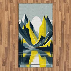 Ambesonne Lake Area Rug, Mountains Calm Nature Scenery Botanical Neutral Ornaments Illustration, Flat Woven Accent Rug for Living Room Bedroom Dining Room, 4′ X 5′ 7″, Pale Teal Tan and Brown(Mustard Purpleblue White)