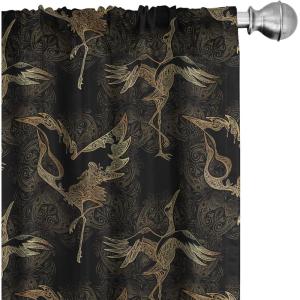 Ambesonne Bird Print Curtains, Asian Inspired Japanese Cranes with Open Wings Flowering Blossoms, Window Treatments 2 Panel Set for Living Room Bedroom, Pair of – 28″ x 95″, Pale Earth Yellow(Mustard Charcoal Grey)
