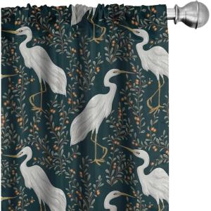 Ambesonne Bird Print Curtains, Asian Inspired Japanese Cranes with Open Wings Flowering Blossoms, Window Treatments 2 Panel Set for Living Room Bedroom, Pair of – 28″ x 95″, Pale Earth Yellow(Hunter Green Ivory)