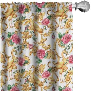 Ambesonne Bird Print Curtains, Asian Inspired Japanese Cranes with Open Wings Flowering Blossoms, Window Treatments 2 Panel Set for Living Room Bedroom, Pair of – 28″ x 95″, Pale Earth Yellow(Earth Yellow Green and Pink)