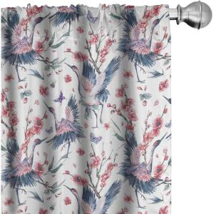 Ambesonne Bird Print Curtains, Asian Inspired Japanese Cranes with Open Wings Flowering Blossoms, Window Treatments 2 Panel Set for Living Room Bedroom, Pair of – 28″ x 95″, Pale Earth Yellow(Dark Pink and Slate Blue)
