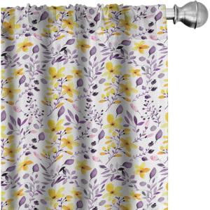 Ambesonne Birds and Nature Curtains, Cottagecore Art Leaves and Flowers Spring with Hummingbirds, Window Treatments 2 Panel Set for Living Room Bedroom, Pair of – 28″ x 84″, White Laurel Green Lilac(Yellow Purple)