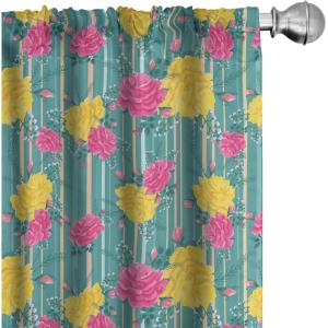 Ambesonne Birds and Nature Curtains, Cottagecore Art Leaves and Flowers Spring with Hummingbirds, Window Treatments 2 Panel Set for Living Room Bedroom, Pair of – 28″ x 84″, White Laurel Green Lilac(Yellow Teal)