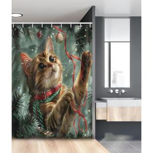 Ambesonne Christmas Stall Shower Curtain, Vintage Vibe Whimsical Kitten Playing with Xmas Trees Lace Ornate, Fabric Bathroom Decor Set with Hooks, 54″ W x 78″ L, Hunter Green and Vermilion