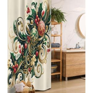 Ambesonne Christmas Stall Shower Curtain, Traditional Xmas Berries Toyon and Globes Ornate on Plain Backdrop, Fabric Bathroom Decor Set with Hooks, 36″ W x 72″ L, Beige Green and Vermilion