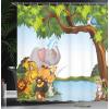 Ambesonne Christmas Shower Curtain, Stylized Reindeers Santa Claus Penguins and Xmas Tree on Stripes Cute Design, Fabric Bathroom Decor Set with Hooks, 69″ W x 70″ L, White Brown(Blue Green)