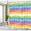 Ambesonne Christmas Shower Curtain, Stylized Reindeers Santa Claus Penguins and Xmas Tree on Stripes Cute Design, Fabric Bathroom Decor Set with Hooks, 69″ W x 70″ L, White Brown(Green Purple)