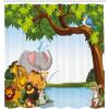 Ambesonne Christmas Shower Curtain, Stylized Reindeers Santa Claus Penguins and Xmas Tree on Stripes Cute Design, Fabric Bathroom Decor Set with Hooks, 69″ W x 70″ L, White Brown(Blue Green)