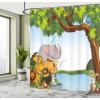 Ambesonne Christmas Shower Curtain, Stylized Reindeers Santa Claus Penguins and Xmas Tree on Stripes Cute Design, Fabric Bathroom Decor Set with Hooks, 69″ W x 70″ L, White Brown(Blue Green)
