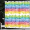 Ambesonne Christmas Shower Curtain, Stylized Reindeers Santa Claus Penguins and Xmas Tree on Stripes Cute Design, Fabric Bathroom Decor Set with Hooks, 69″ W x 70″ L, White Brown(Green Purple)