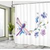 Ambesonne Christmas Shower Curtain, Stylized Reindeers Santa Claus Penguins and Xmas Tree on Stripes Cute Design, Fabric Bathroom Decor Set with Hooks, 69″ W x 70″ L, White Brown(Purple Green)